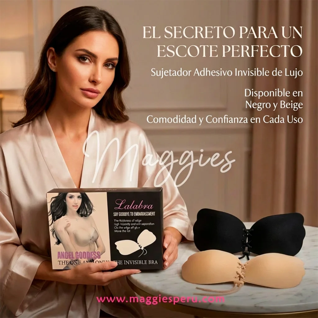 Modelo sosteniendo caja de brasier adhesivo invisible Angel Goddess Lalabra junto a brasier en negro y beige sobre la mesa.