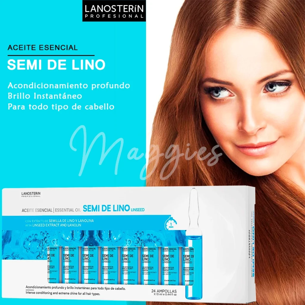Ampollas Aceite Esencial Semi De Lino Lanosterín para acondicionamiento profundo y brillo instantáneo en todo tipo de cabello.