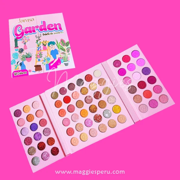 Paleta Garden Jarusa con 72 tonos de maquillaje en glitter, satin y matte.