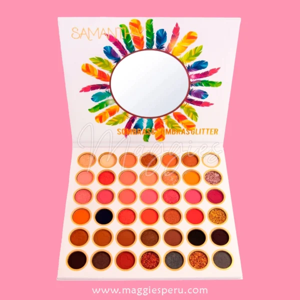 Paleta Plumas Samantha con sombras shimmer, glitter y matte, tonos tierra y durazno.