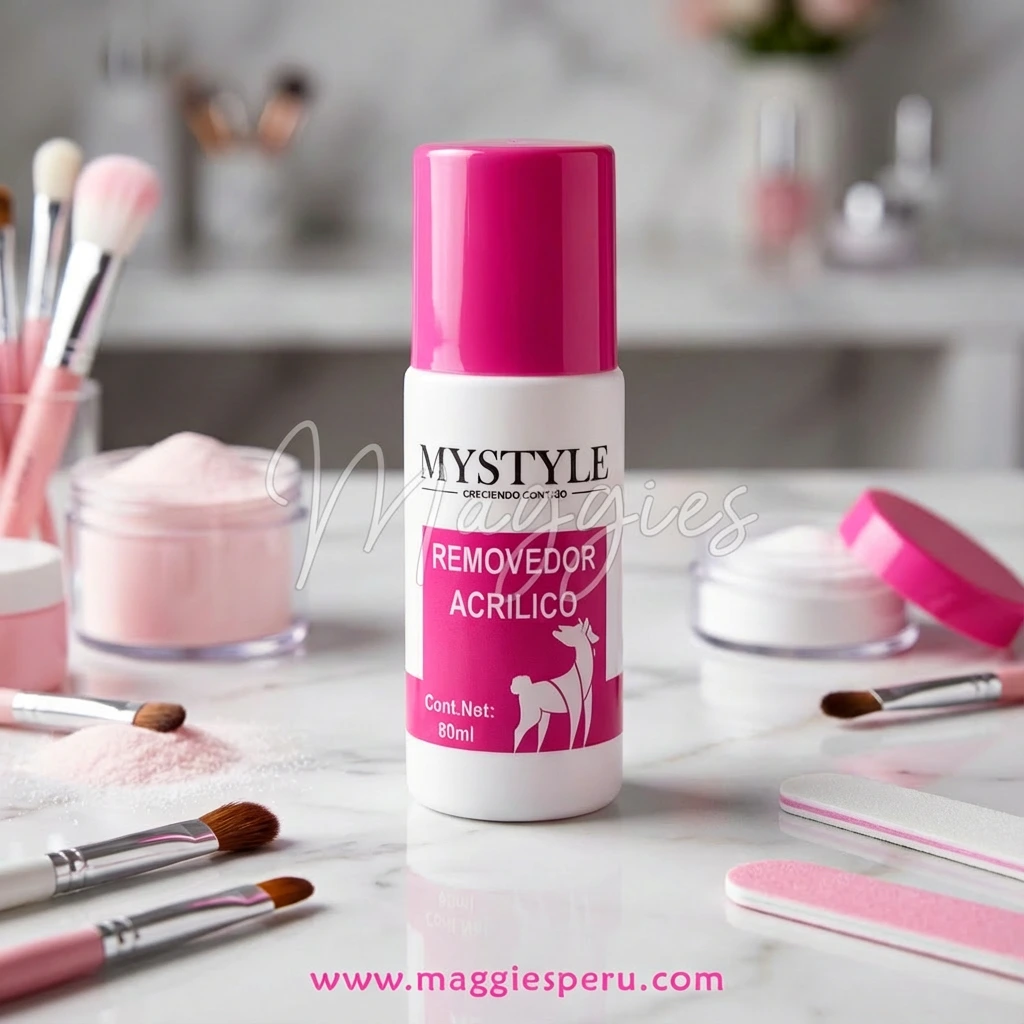 Removedor acrílico MyStyle 80 ml para uñas, envase blanco con tapa fucsia