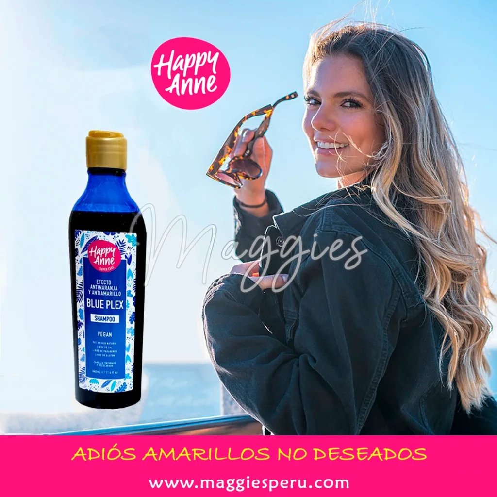 Shampoo Blue Plex Happy Anne, elimina tonos amarillos en cabello rubio y con canas.