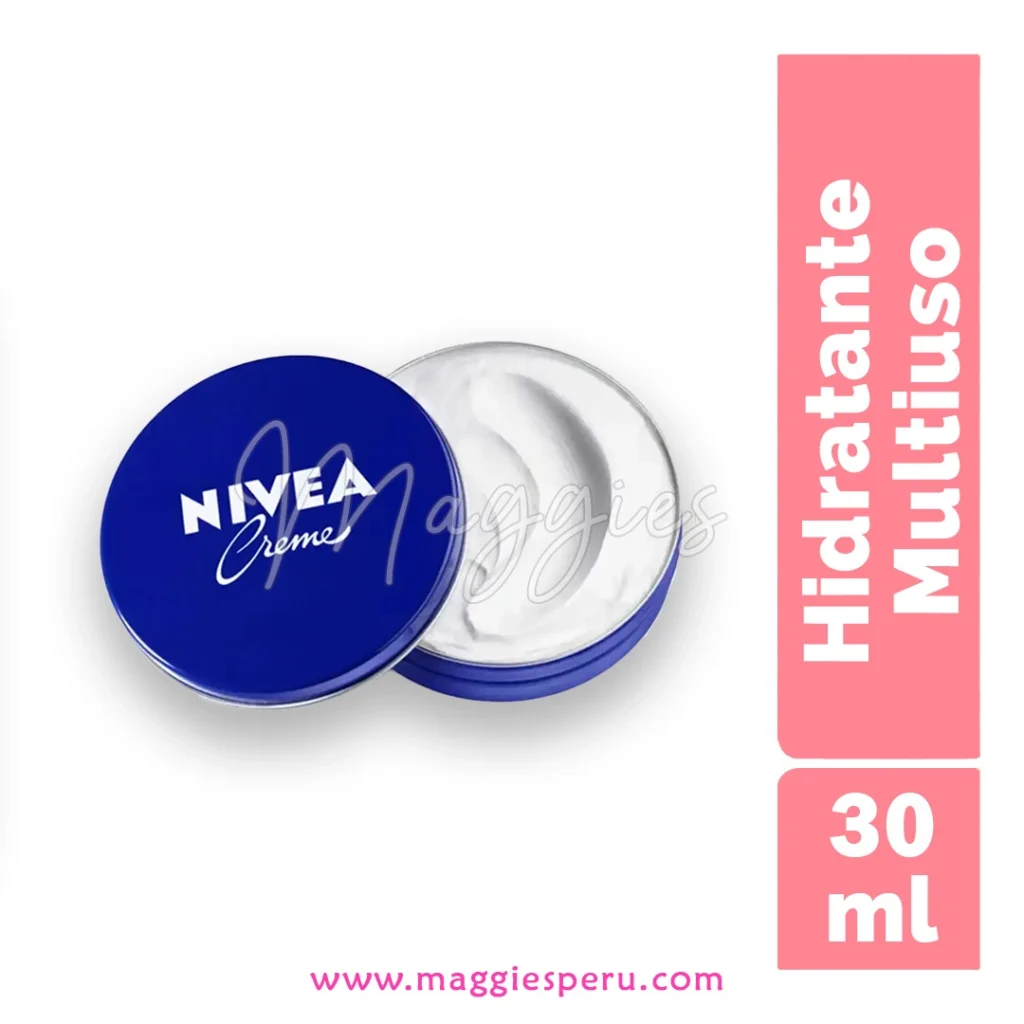Crema Hidratante Nivea Multipropósito 30ml en lata azul, ideal para rostro, manos y cuerpo. Hidratación intensa para todo tipo de piel.