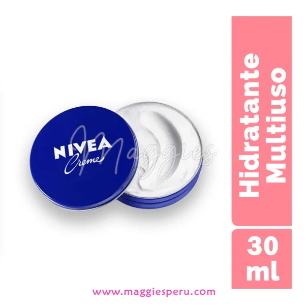 Crema Hidratante Nivea Multipropósito 30ml en lata azul, ideal para rostro, manos y cuerpo. Hidratación intensa para todo tipo de piel.