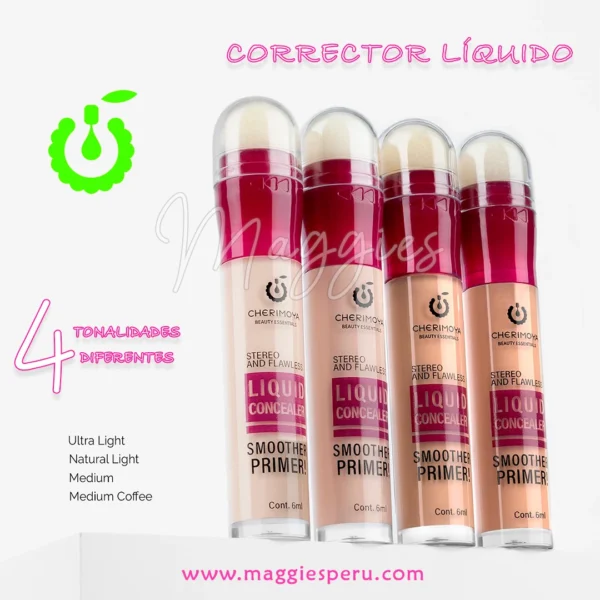 Corrector líquido para ojeras Cherimoya en 4 tonalidades diferentes.