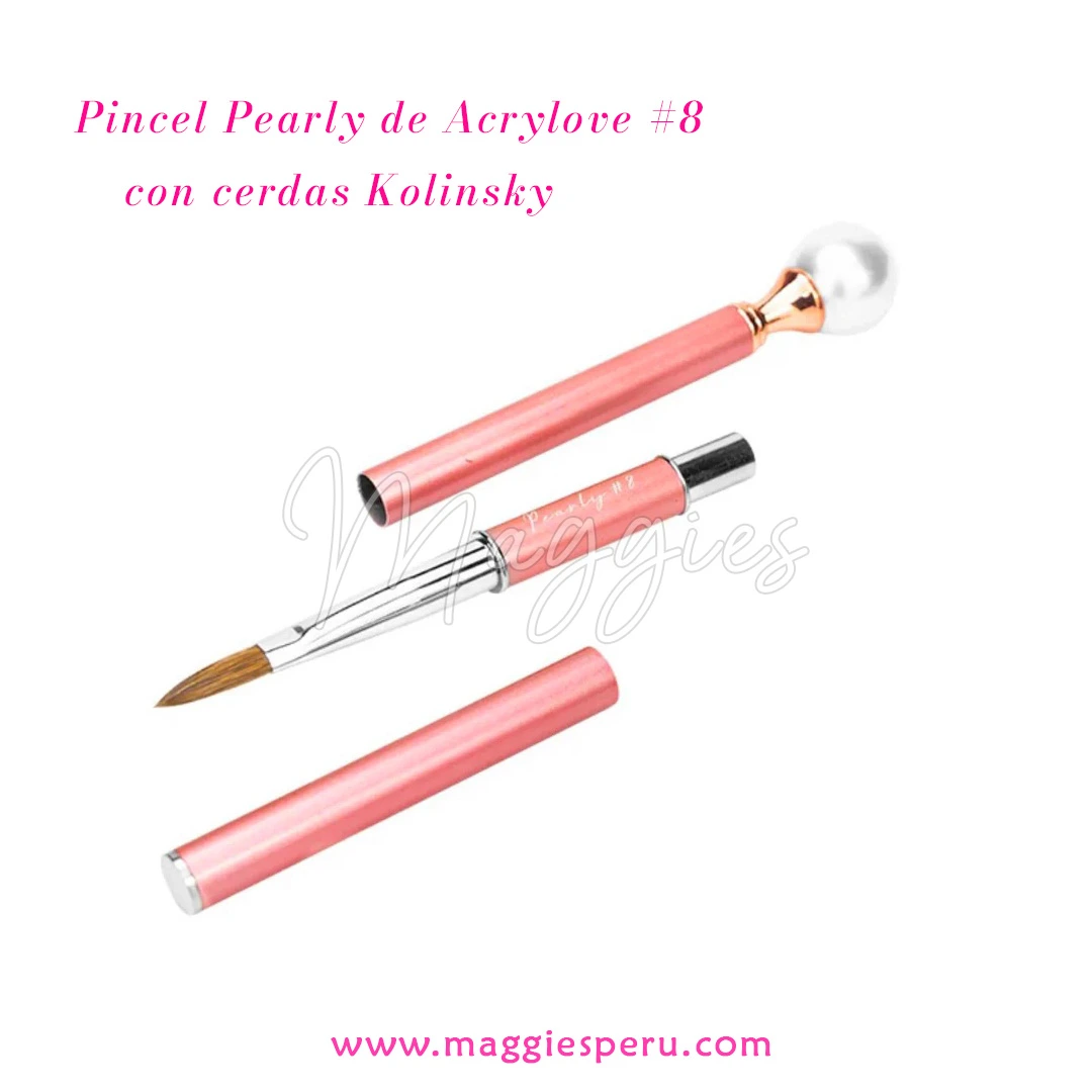 Pincel Pearly de Acrylove #8 con cerdas Kolinsky Pincel Pearly de Acrylove #8 con cerdas Kolinsky en color rosa, con tapa desmontable, ideal para aplicación de uñas acrílicas.