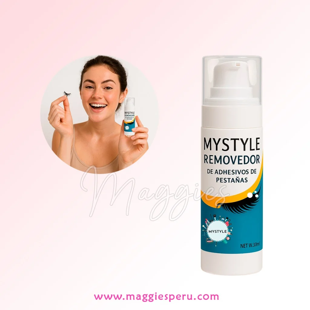 Mujer sosteniendo un producto de removedor de adhesivos de pestañas, ideal para disolver pegamento sin dañar las pestañas naturales.