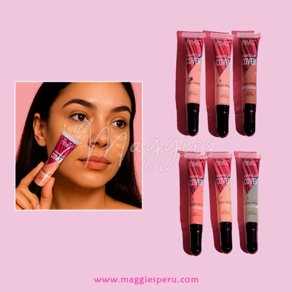 Mujer aplicando el Corrector de larga duración REVEL en su rostro y mostrando varios tubos del producto.