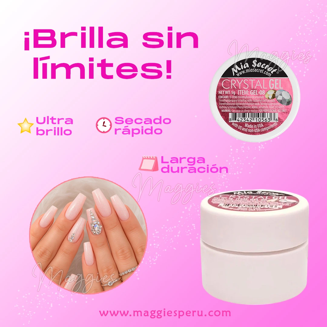 Crystal Gel Mia Secret – Gel fijador de pedrería, ultra brillo Envase de Crystal Gel Mia Secret junto al resultado de uñas con pedrería, fondo rosa y eslogan “Brilla sin límites”.