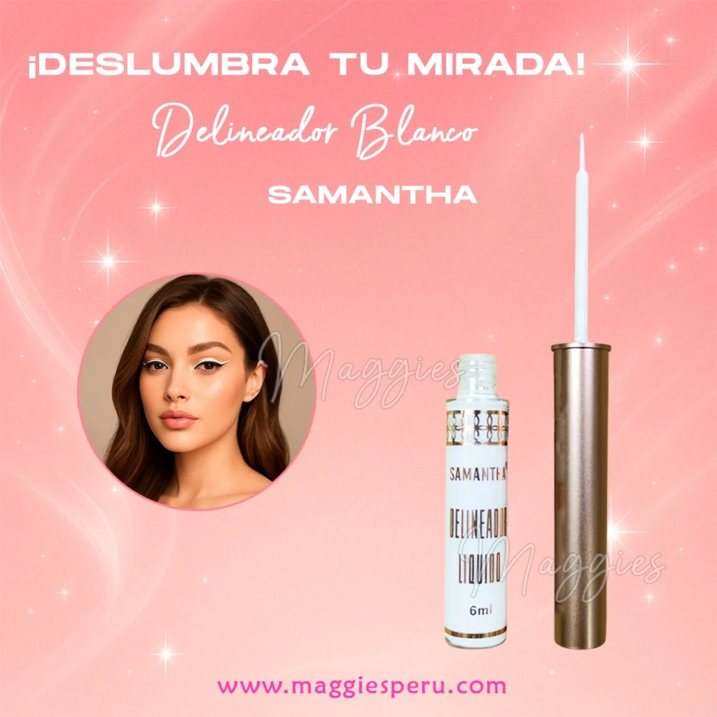 delineador líquido blanco Samantha junto a modelo con delineado blanco sobre fondo rosado con destellos