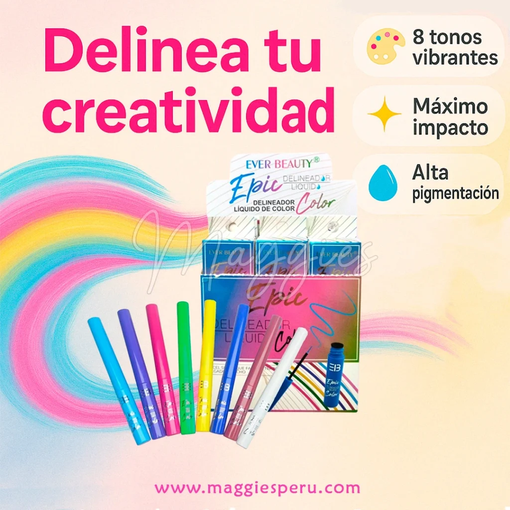Delineadores líquidos Epic Color en ocho tonos vibrantes sobre fondo pastel con texto Delinea tu creatividad