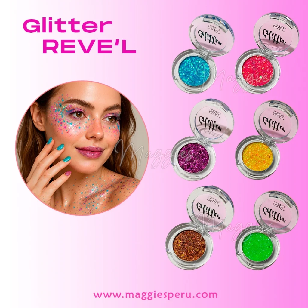 Modelo con Glitter REVEL multicolor en rostro y uñas, junto a seis tonos en envases redondos.