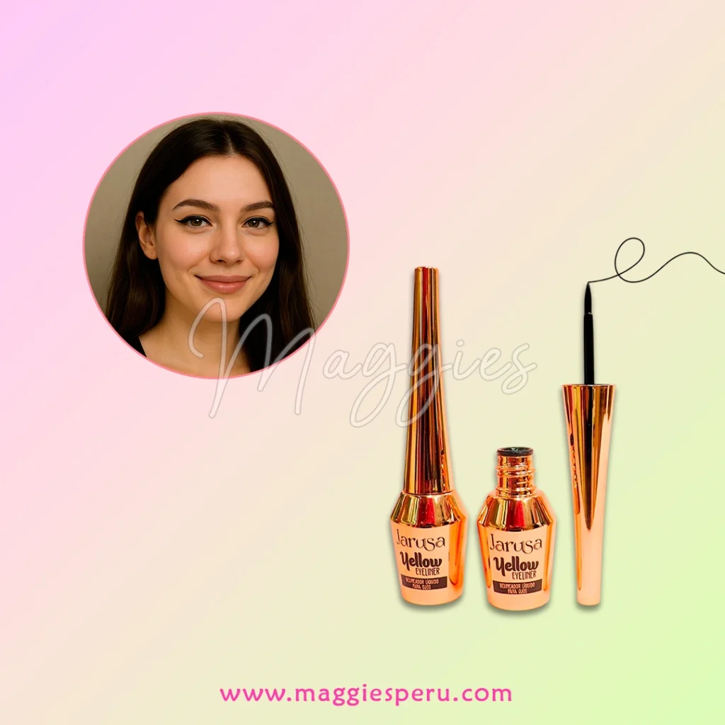 Producto delineador punta plumón de Jarusa en tono negro, con empaque dorado, junto a una modelo luciendo un delineado de ojos preciso.