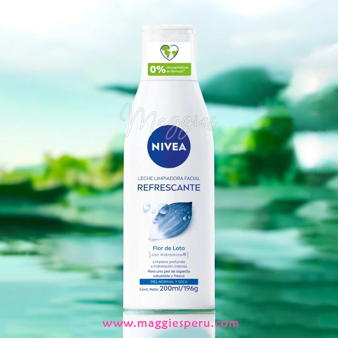 Leche facial Nivea: limpieza e hidratación profunda Leche facial Nivea en botella blanca con fondo verde, ideal para limpieza profunda y frescura facial