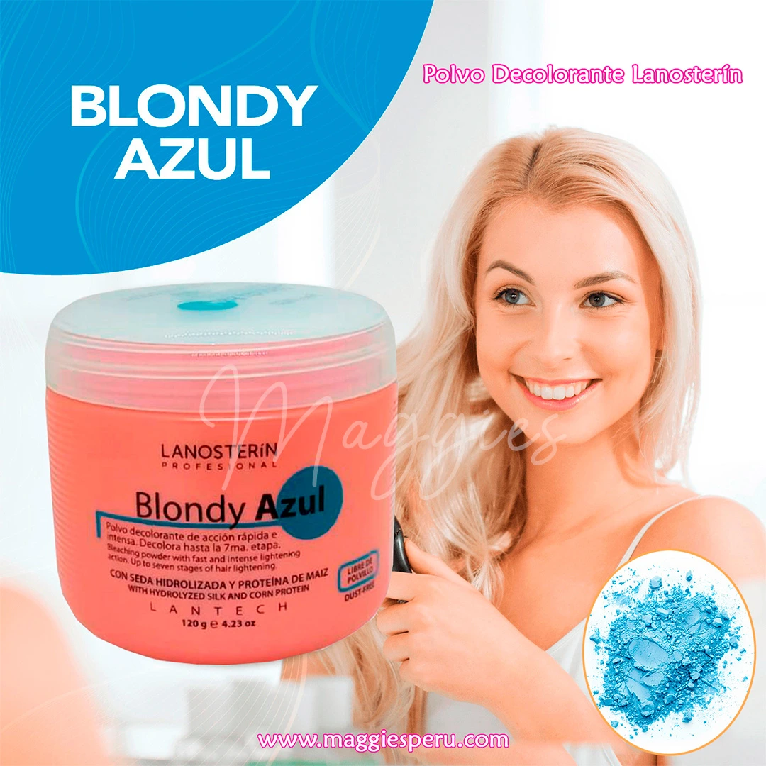 Polvo Decolorante Blondy Azul | Aclara hasta 7 tonos con cuidado capilar Envase de Polvo Decolorante Blondy Azul con modelo rubia sonriendo, ideal para mechas e iluminaciones.