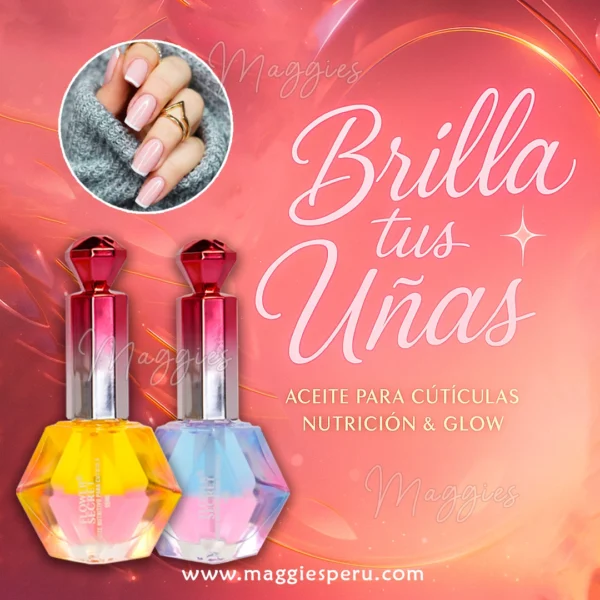Aceite para cutículas Flower Secret en frascos efecto diamante sobre fondo rosa pastel con lema “Brilla tus uñas”