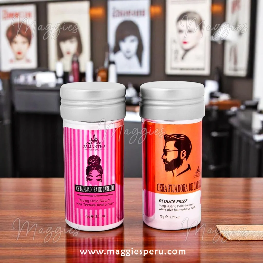Cera fijadora para el cabello Samantha, presentaciones para dama y caballero, fijación fuerte sin residuos.