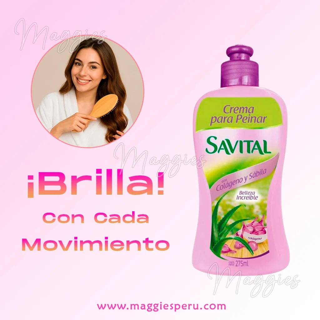 Crema para peinar Savital 275 ml con colágeno y sábila mostrando botella rosa y slogan ¡Brilla! con cada movimiento