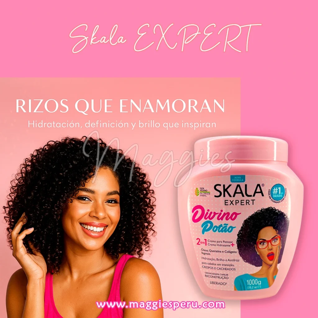 Crema Skala Divino Potao 2 en 1 de 1000 g; envase rosa junto a modelo con rizos definidos e hidratados sobre fondo rosa