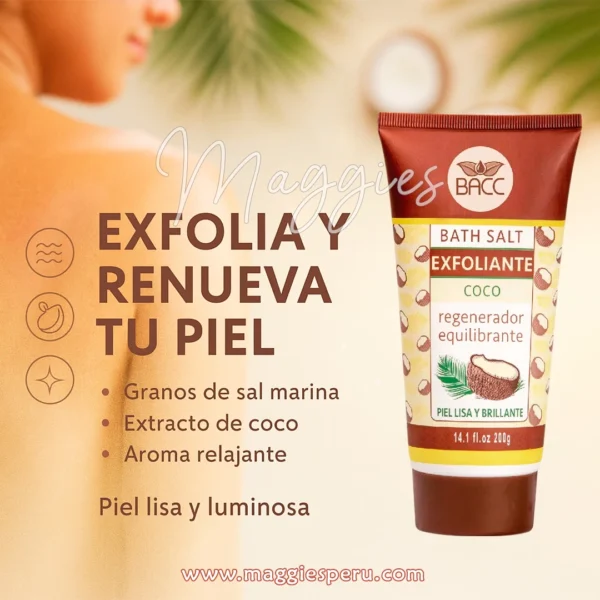 Exfoliante corporal de coco BACC que renueva, hidrata y deja la piel suave y luminosa