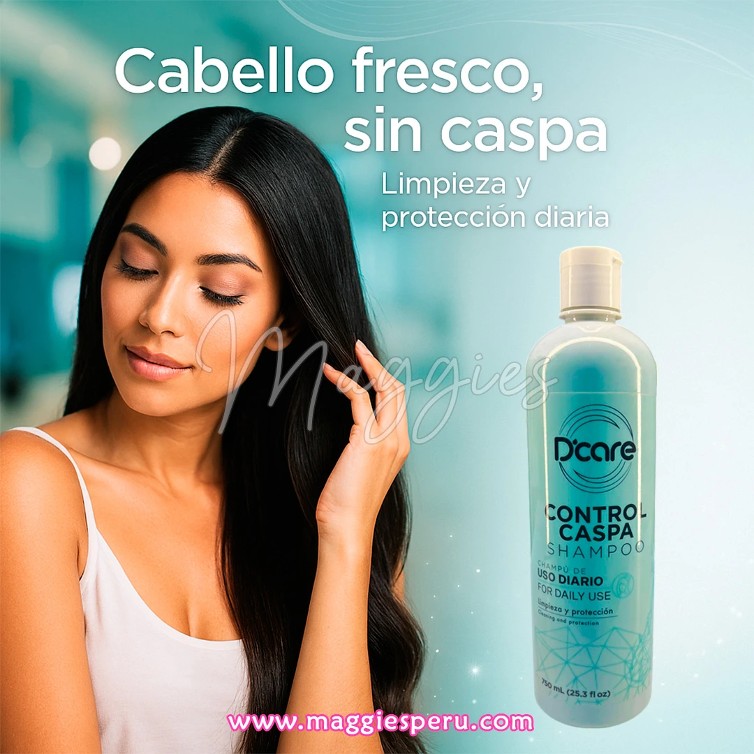 Shampoo Anticaspa Dcare 750 ml | Control de caspa diario Mujer con cabello brillante y liso junto a una botella de Shampoo anticaspa Dcare 750 ml, ideal para controlar la caspa a diario