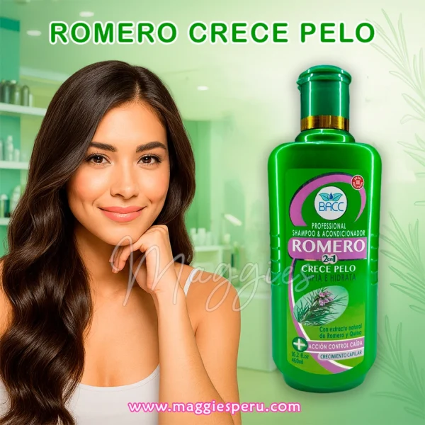 Shampoo Romero Crece Pelo BACC 2 en 1 con romero y quina para crecimiento capilar y control de caída.