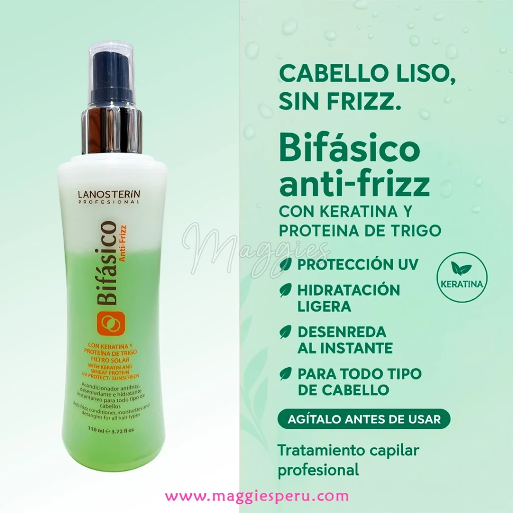 Bifásico anti frizz Lanosterín 110 ml con keratina y proteína de trigo; protección UV