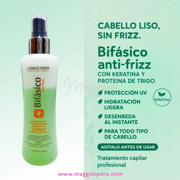 Bifásico anti frizz Lanosterín 110 ml con keratina y proteína de trigo; protección UV