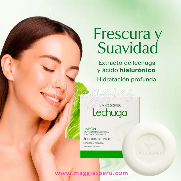 Jabón de lechuga y ácido hialurónico La Cooper junto a mujer con piel radiante; caja y producto visibles