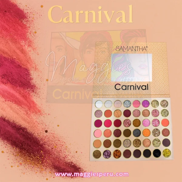 Paleta de sombras Carnival Samantha con tonos mate y glitter, alta pigmentación y gran variedad de colores, estuche abierto sobre fondo rosado