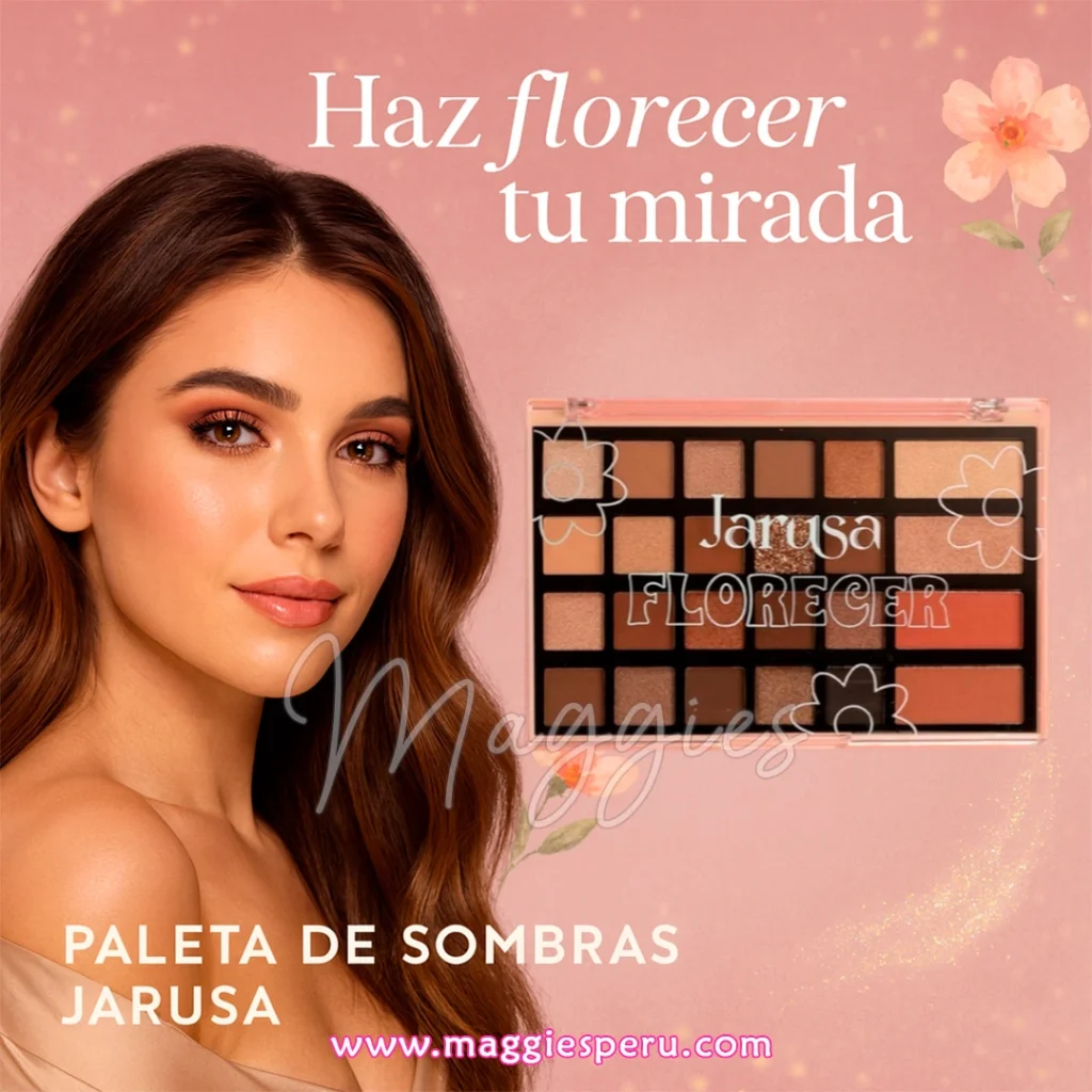 Modelo con maquillaje cálido y la Paleta de Sombras Jarusa Florecer de Maggies Perú, sobre fondo rosado con flores.
