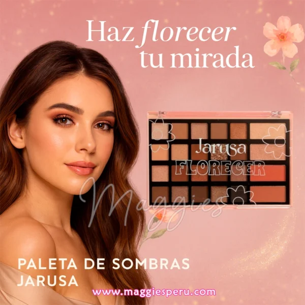 Modelo con maquillaje cálido y la Paleta de Sombras Jarusa Florecer de Maggies Perú, sobre fondo rosado con flores.