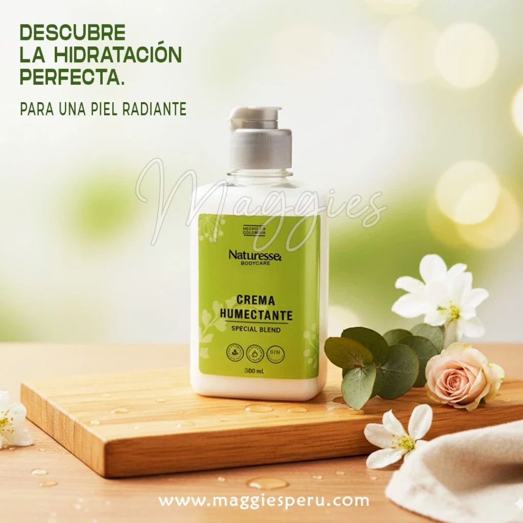 Crema Humectante Naturesse 300 ml con dispensador sobre fondo natural.