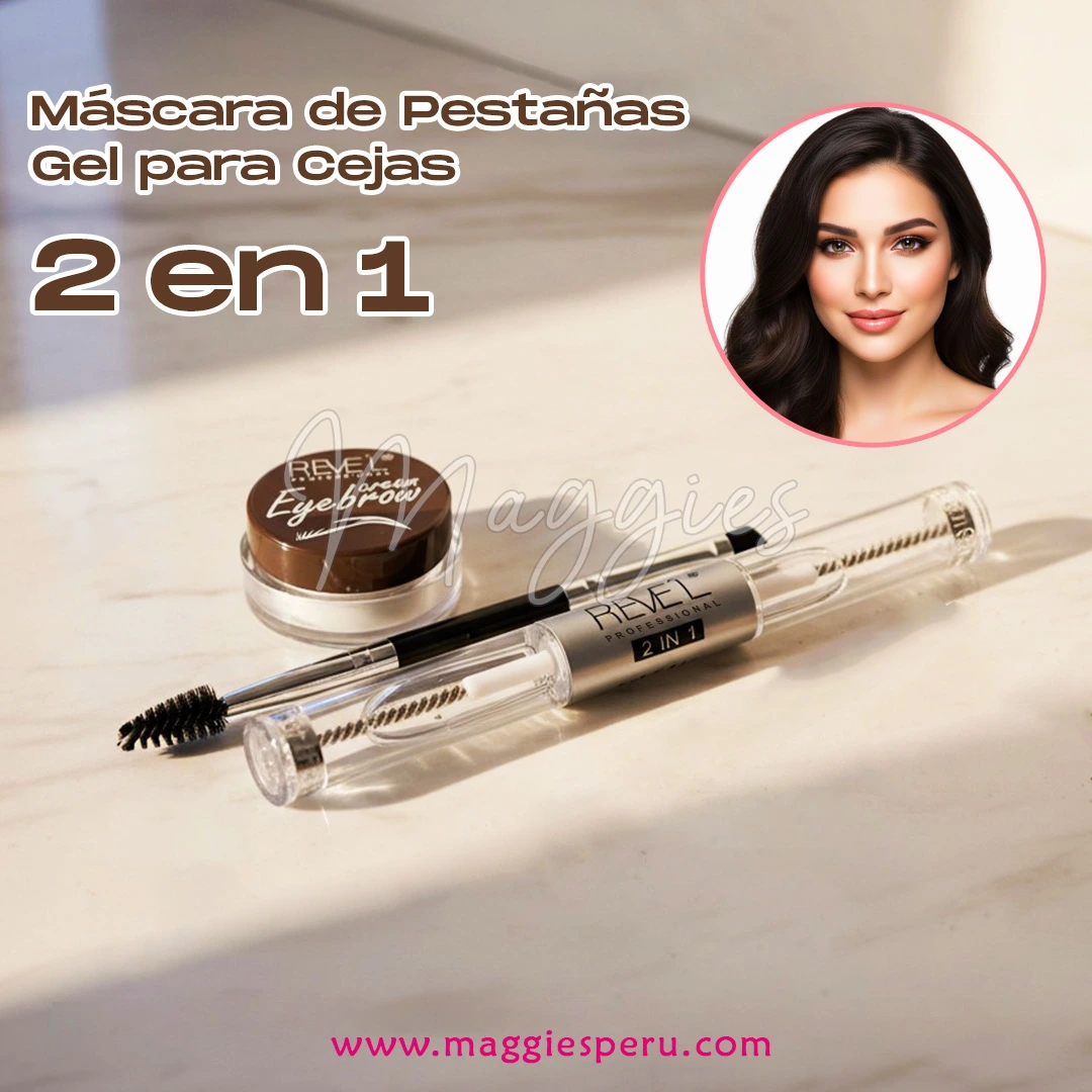 Gel Cejas y Pestañas 2 en 1 Revel Gel Cejas y Pestañas 2 en 1 Revel con doble cepillo sobre superficie de mármol.