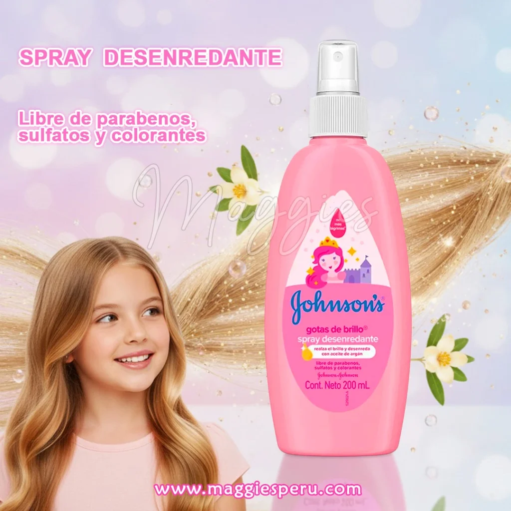 Spray desenredante Johnson's Gotas de Brillo 200 ml para niñas, libre de parabenos, sulfatos y colorantes