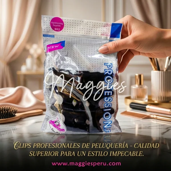 Paquete de 12 clips profesionales de peluquería negros sobre tocador elegante.