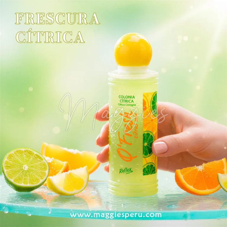 Colonia cítrica QFresh Reflex 180 ml con limones y naranjas frescas sobre fondo verde.