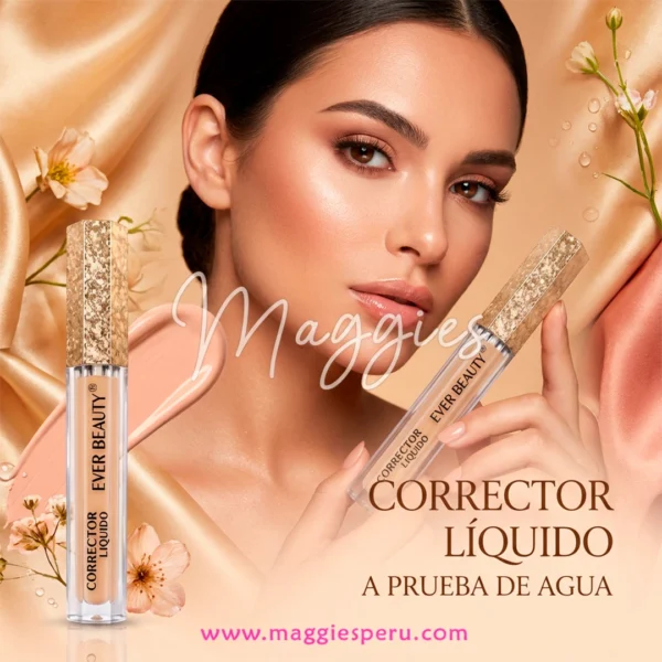 Corrector líquido Ever Beauty a prueba de agua con aplicador, ideal para cubrir ojeras y manchas.