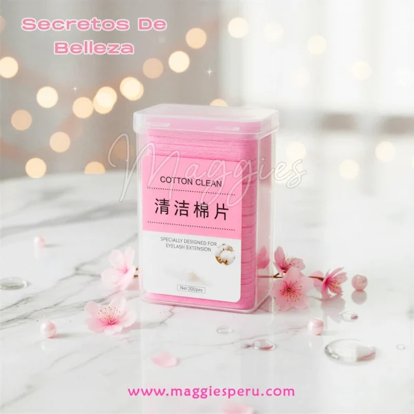 Pañitos sin pelusa Cotton Clean para pestañas y uñas en envase rosa sobre superficie de mármol con flores decorativas.