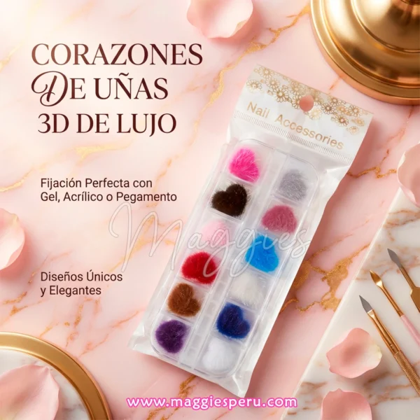 Corazones 3D de Uñas de lujo en estuche multicolor para decoración de manicure