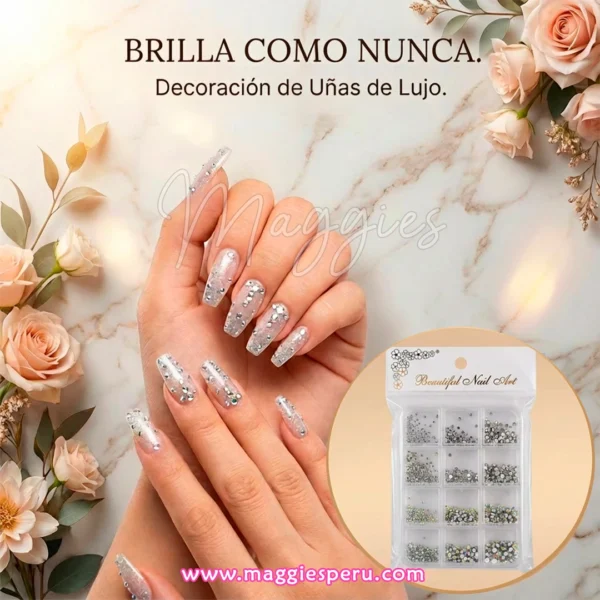 Decoración de uñas de lujo con cristales plata y tornasol en caja organizadora