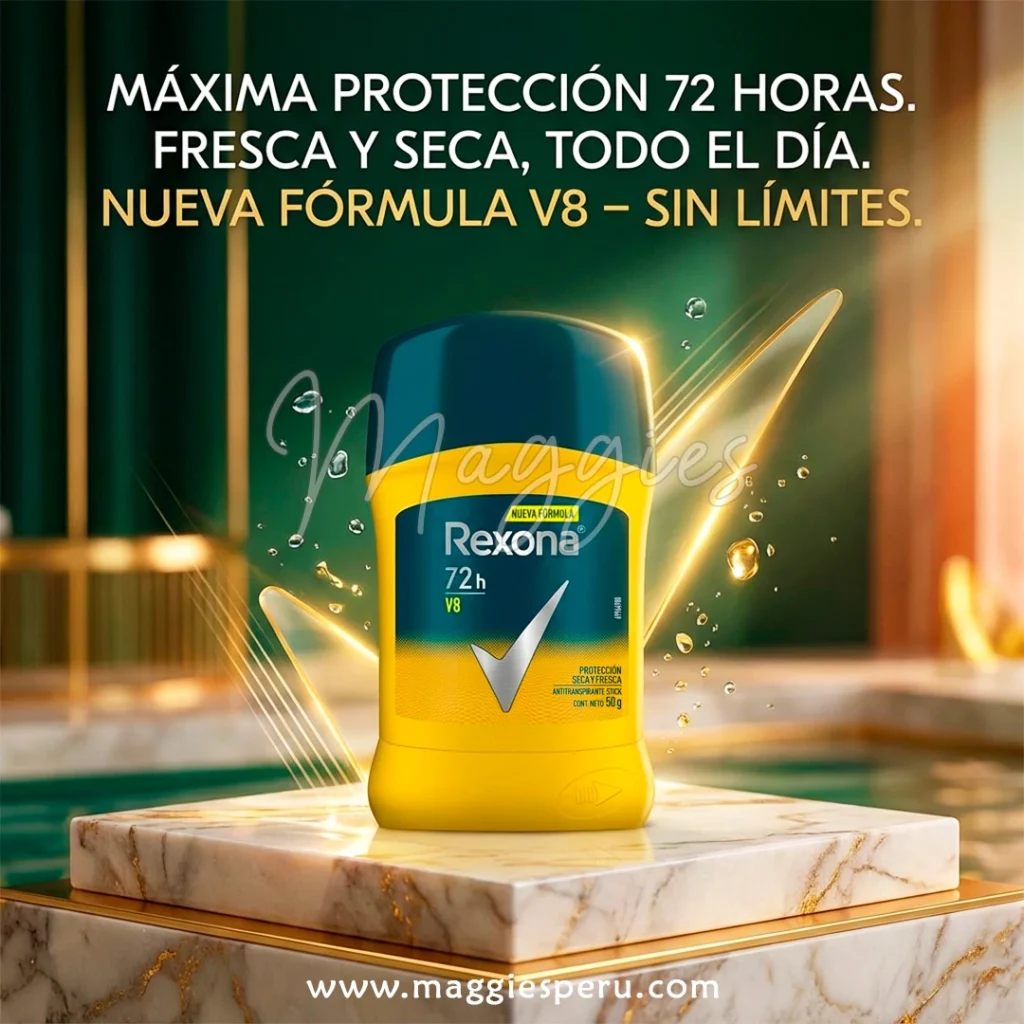 Desodorante en barra Rexona V8 72h para hombre sobre base de mármol, máxima protección seca y fresca.