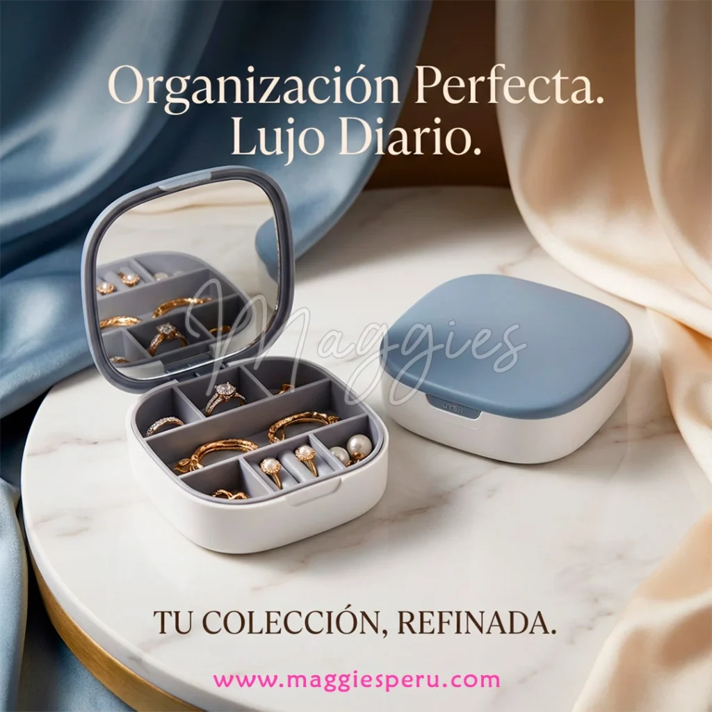 Organizador de joyas compacto con espejo y compartimentos para anillos, aretes y collares sobre mesa de mármol