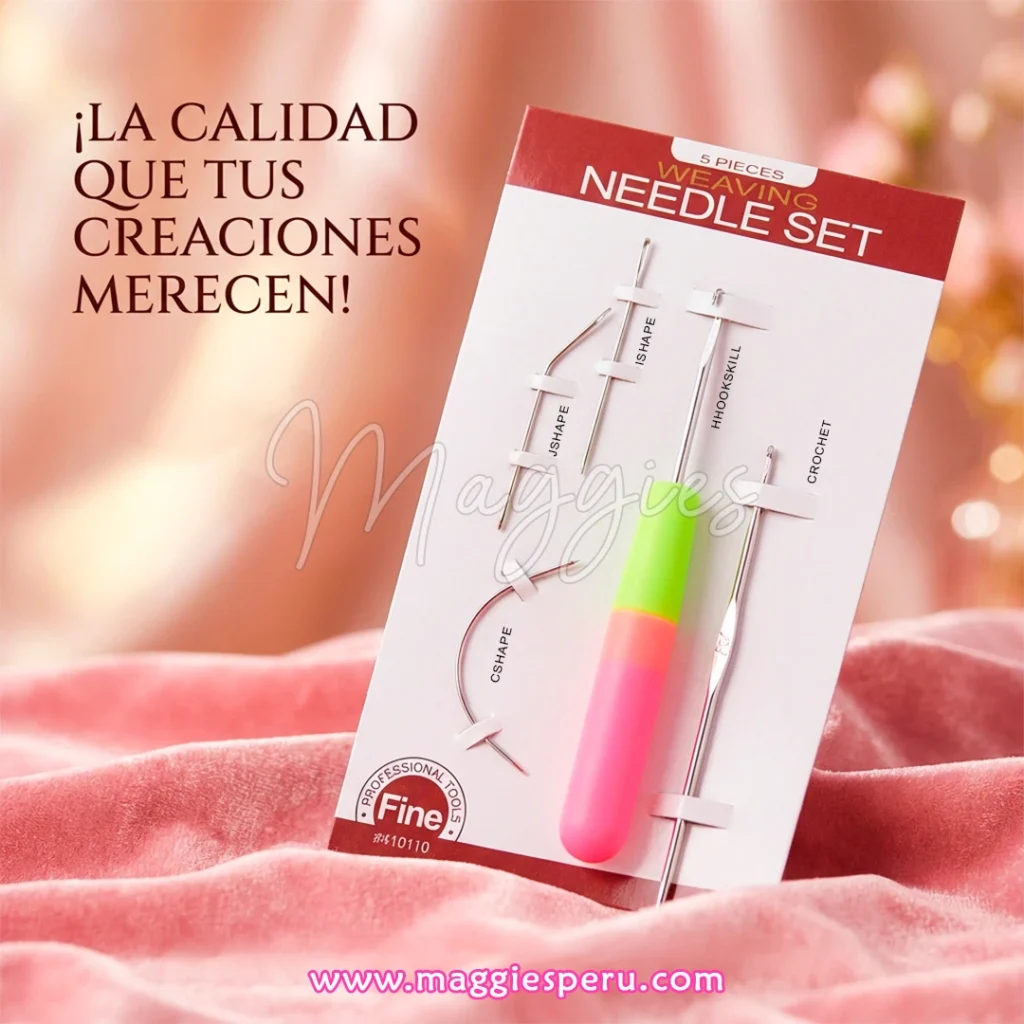 Set de agujas Fine de 5 piezas para peinados, extensiones y crochet de cabello sobre fondo rosa