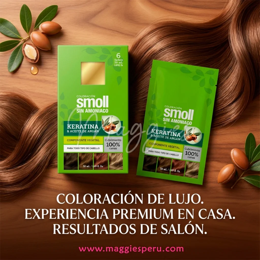 tinte smoll sin amoniaco con keratina y aceite de argán en caja y sachet sobre fondo de madera