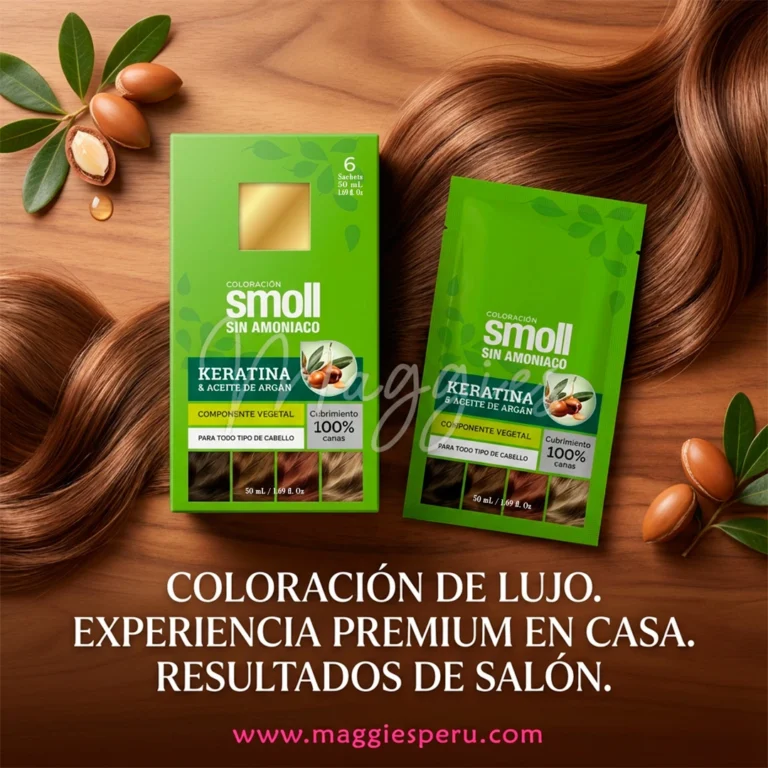 tinte smoll sin amoniaco con keratina y aceite de argán en caja y sachet sobre fondo de madera