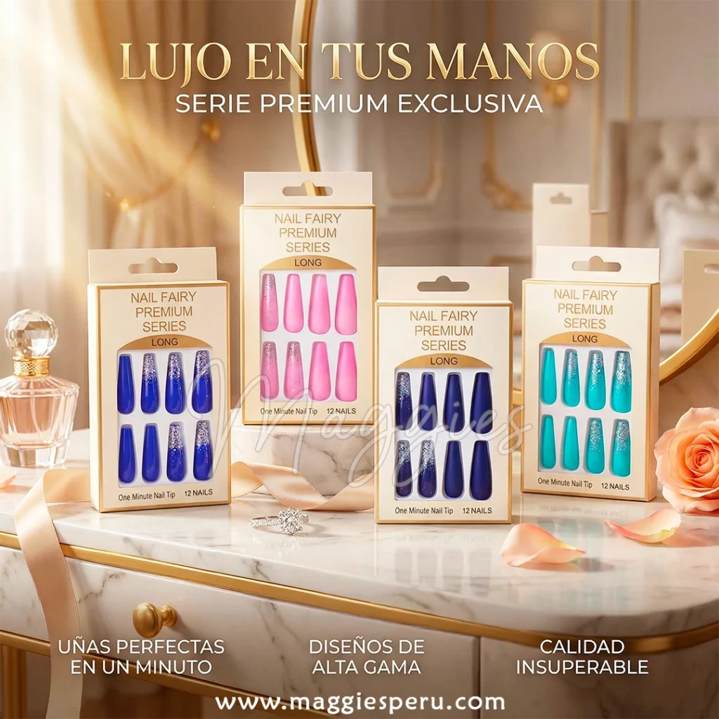 Uñas postizas premium Nail Fairy diseño largo y elegante con glitter
