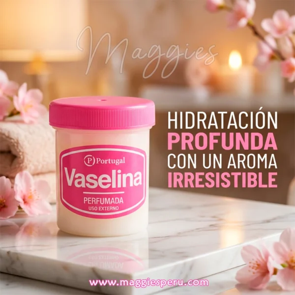 Vaselina perfumada Portugal tapa rosa sobre mármol, hidratación profunda para piel y labios en Maggies Perú