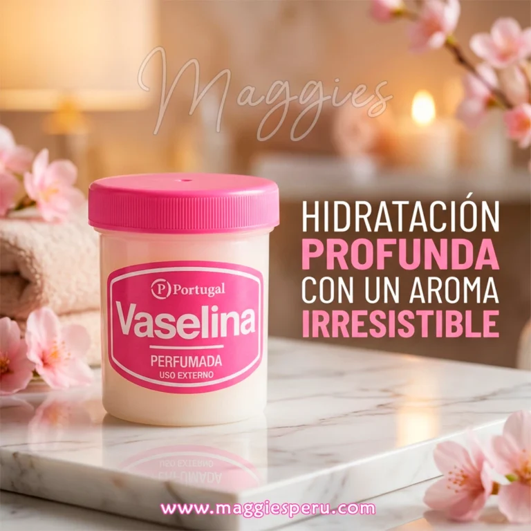 Vaselina perfumada Portugal tapa rosa sobre mármol, hidratación profunda para piel y labios en Maggies Perú