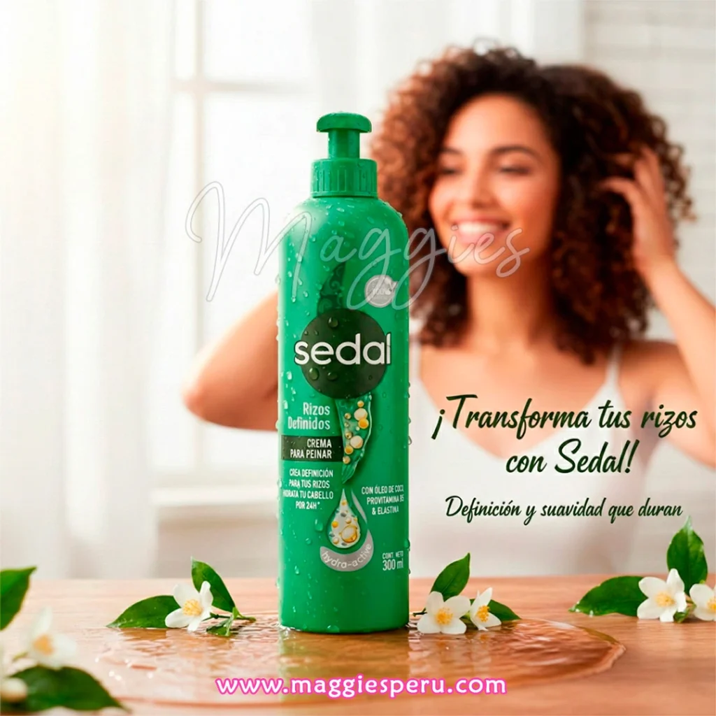 Frasco verde de crema para peinar Sedal Rizos Definidos de 300ml con óleo de coco.